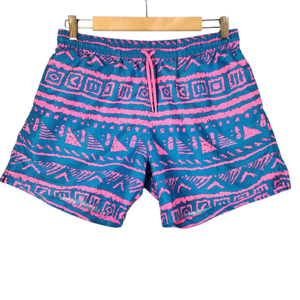 Chubbies Swim Trunks Size Large Blue Pink Geometric Tribal Print Lined
